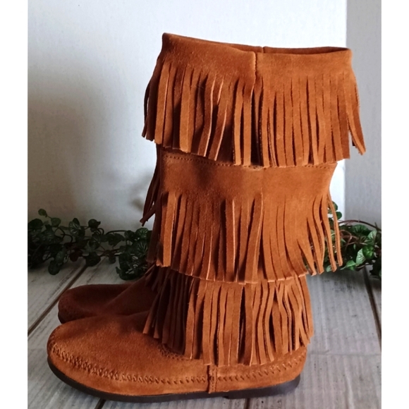 Minnetonka Three Layer Fringe Boots in Brown - Picture 11 of 16